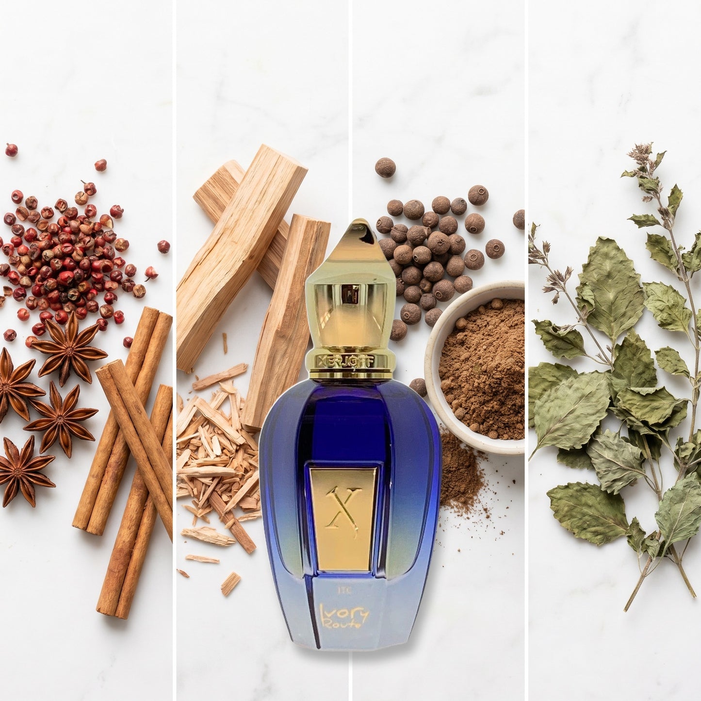 Xerjoff Ivory Route fragrance notes: Spicy Notes, Sandalwood, Allspice, Patchouli