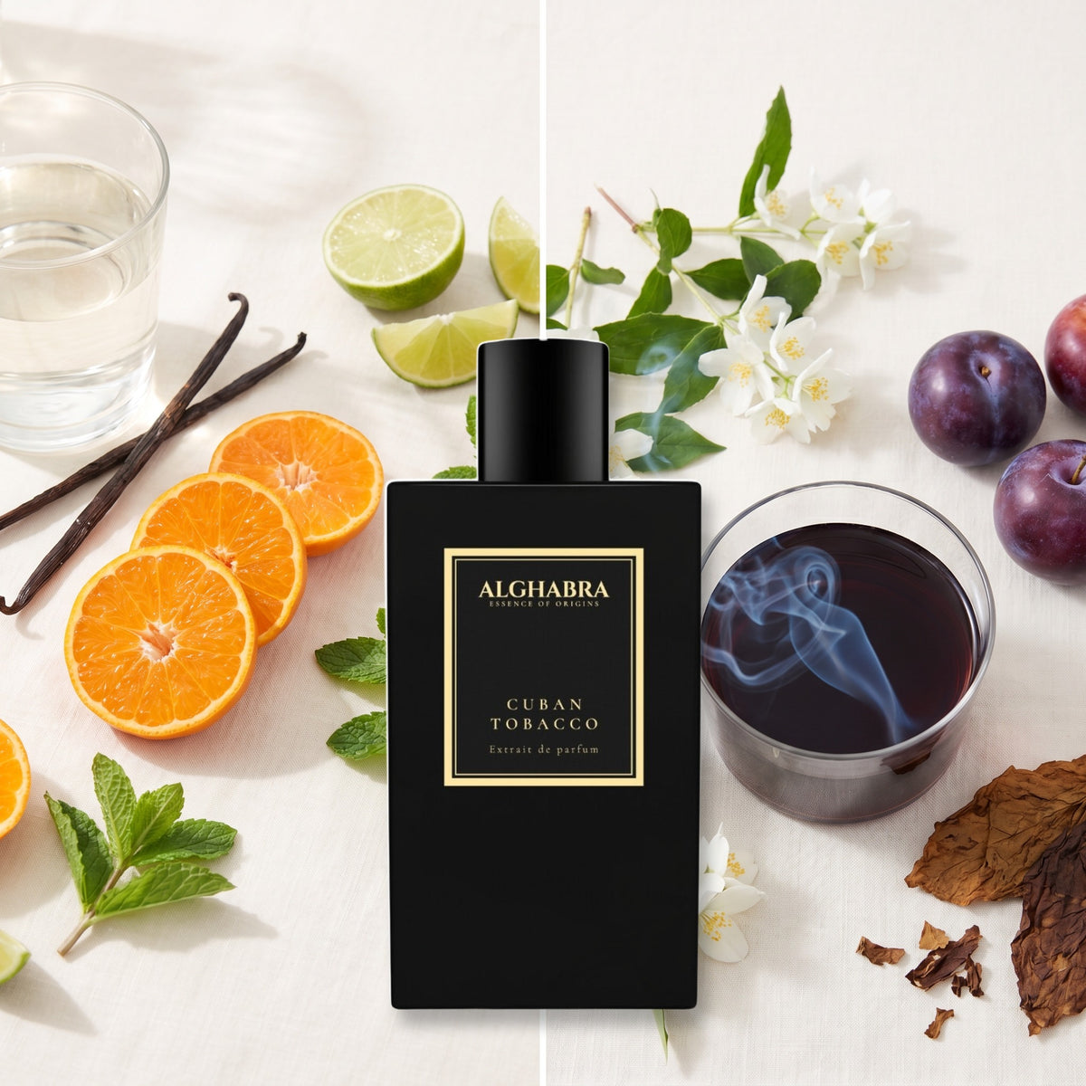 Alghabra Parfums Cuban Tobacco fragrance notes: MANDARIN ORANGE  VANILLA MOJITO, JASMINE  PLUM WINE  SMOKE TOBACCO