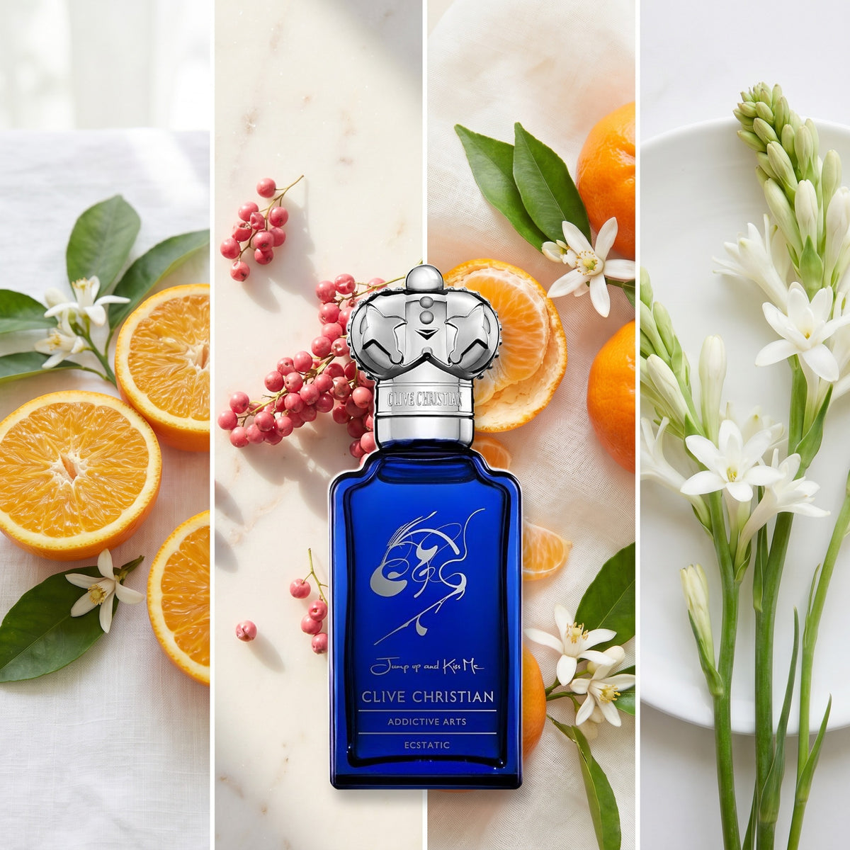 Clive Christian Jump Up and Kiss Me Ecstatic fragrance notes: Bitter Orange, Pink Pepper, Mandarin, Tuberose
