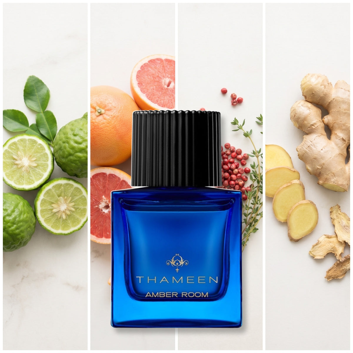 Thameen Amber Room fragrance notes: Bergamot, Floridian Grapefruit, Pink Pepper, Ginger