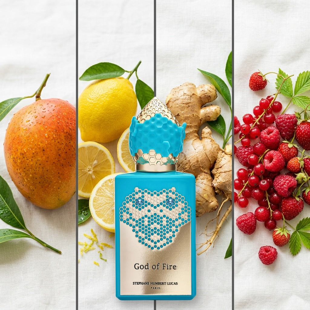 Stephane Humbert Lucas God of Fire fragrance notes: Mango, Lemon, Ginger, Red Berries