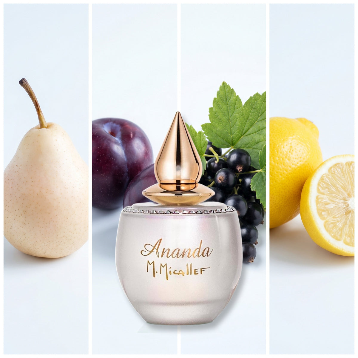 M. Micallef Ananda fragrance notes: Pear, Plum, Black Currant, Lemon.
