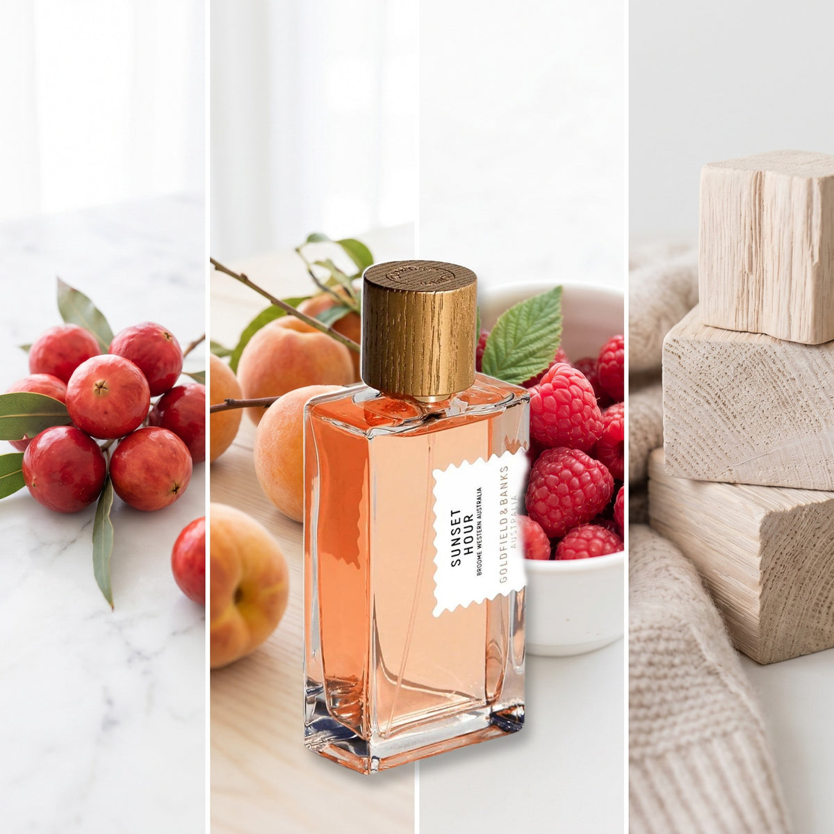Goldfield & Banks Sunset Hour fragrance notes: Quandong, desert peach, Raspberry, Cashmere Wood