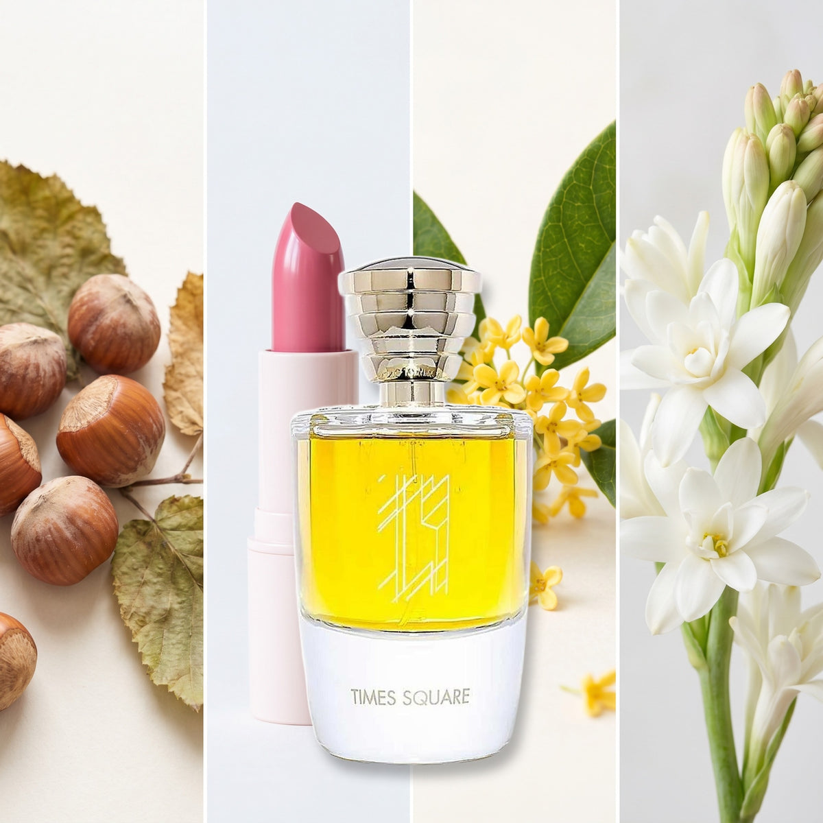 Masque Milano Times Square fragrance notes: hazelnut, glossy lipstick., osmanthus, tuberose.