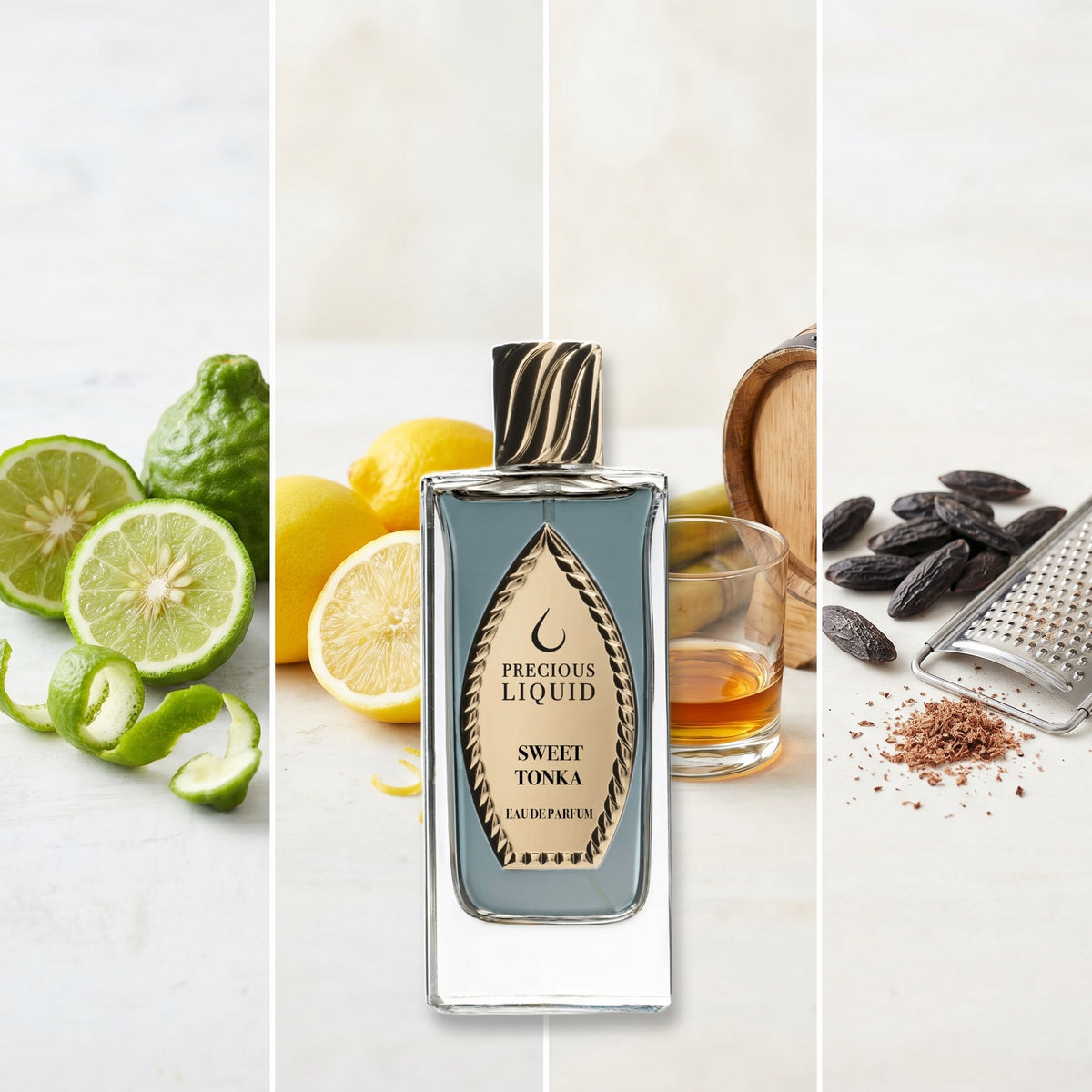 Precious Liquid Sweet Tonka fragrance notes: Bergamote, lemon, rhum, Tonka absolute
