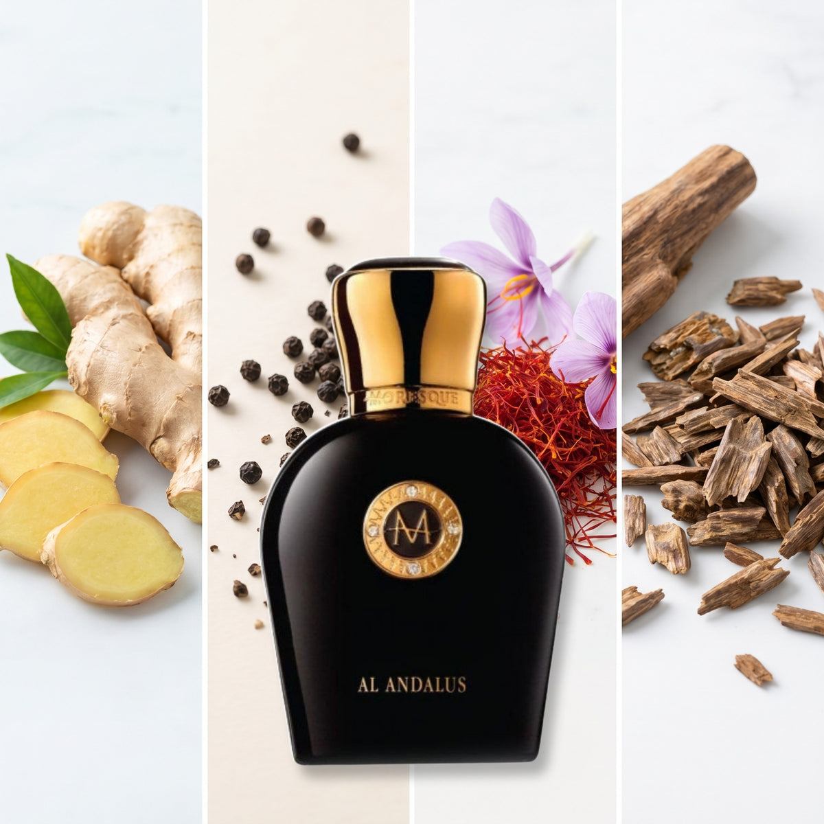 Moresque Parfums Al-Andalus fragrance notes: Ginger, Black Pepper, Saffron, Agarwood