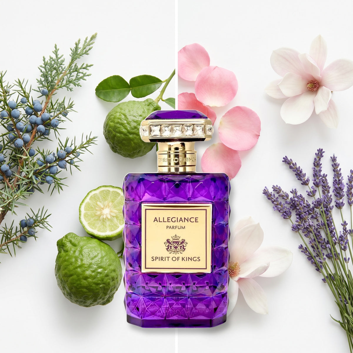 Spirit Of Kings Allegiance fragrance notes: Juniper  Bergamot, rose magnolia lavender