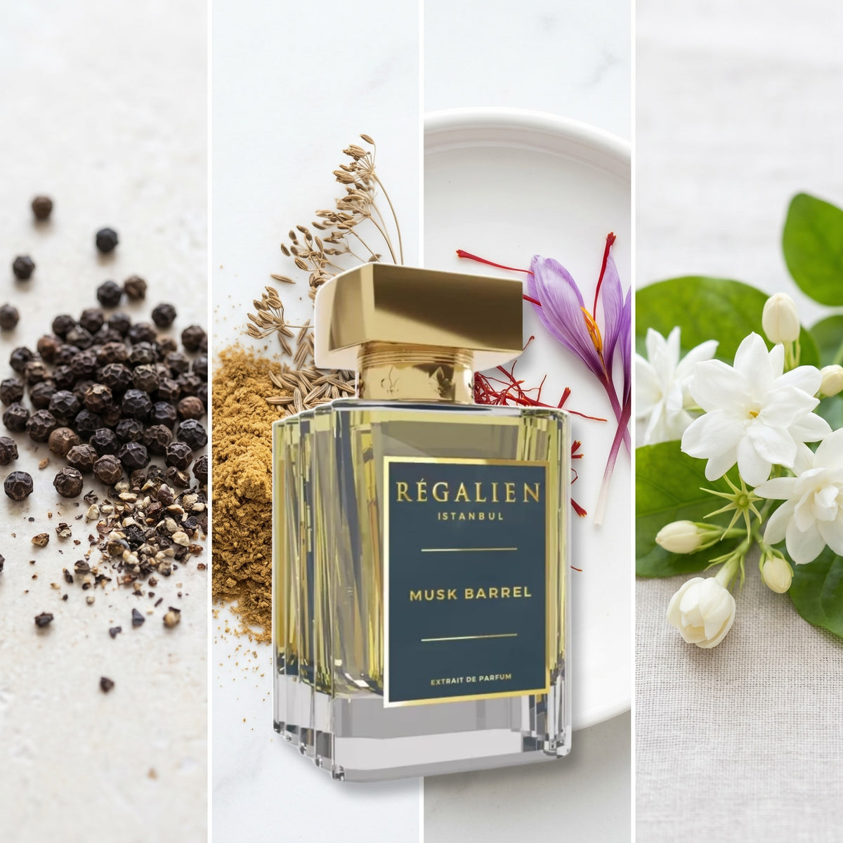 Regalien Musk Barrel fragrance notes: notes:  Black Pepper, Cumin, Saffron, Jasmine
