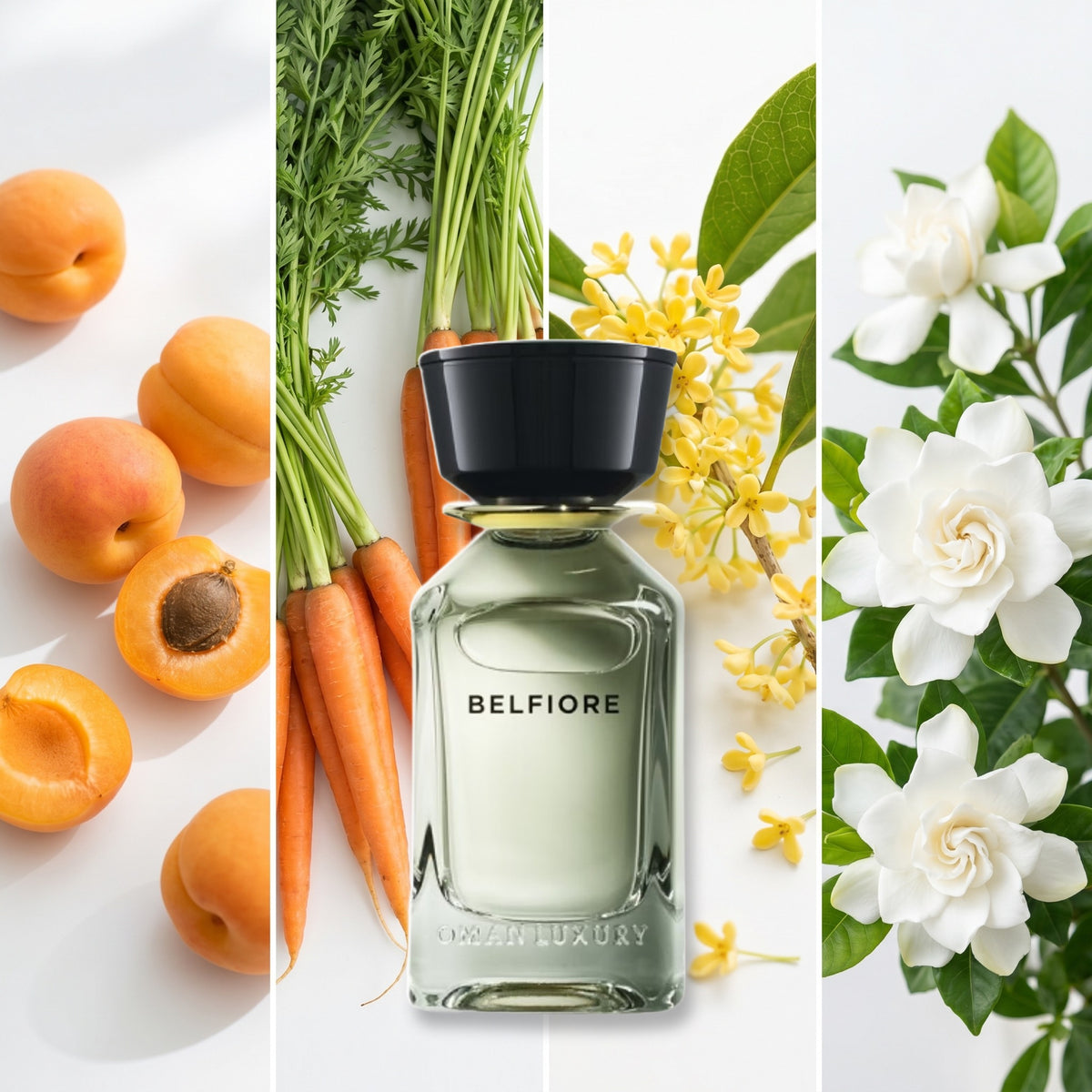 Omanluxury Belfiore fragrance notes: Apricot, Carrot., Osmanthus, Gardenia.