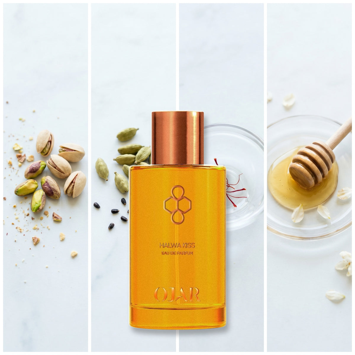 Ojar Halwa Kiss fragrance notes: Pistachio, Cardamom, Saffron, Honey
