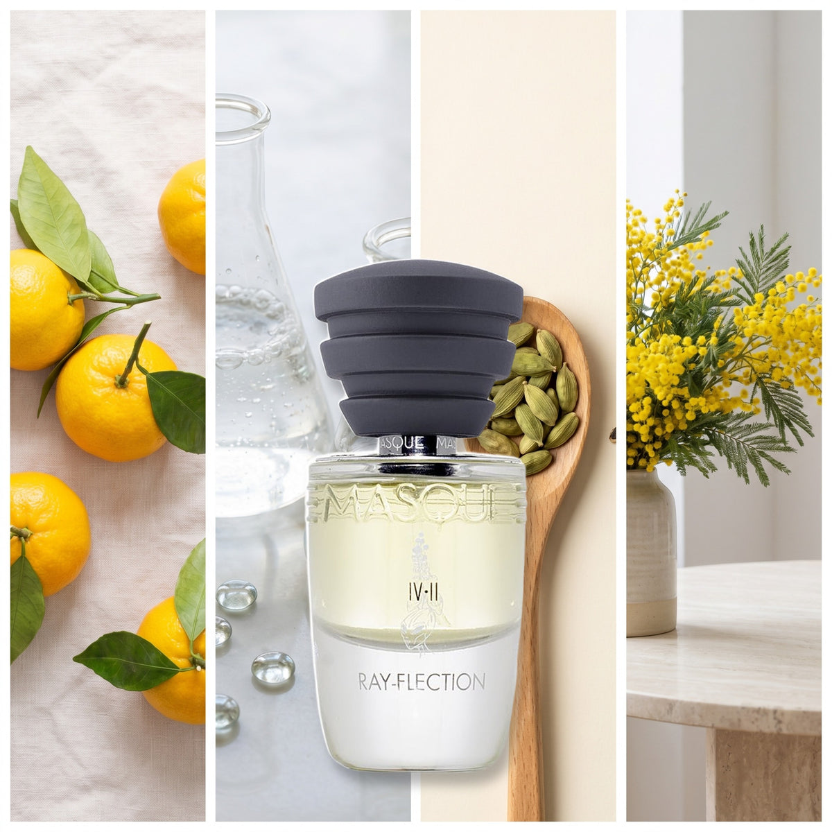 Masque Milano Ray-flection fragrance notes: Yellow Mandarin, Aldehydes, Cardamom., Mimosa absolute