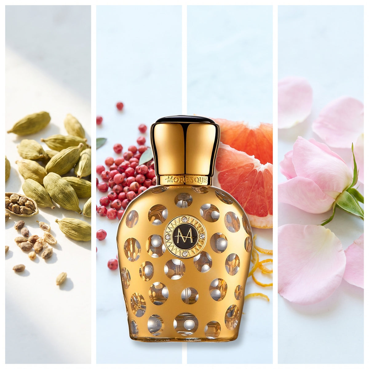 Moresque Parfums Oroluna fragrance notes: Cardamom, Pink Pepper, Grapefruit, Turkish Rose