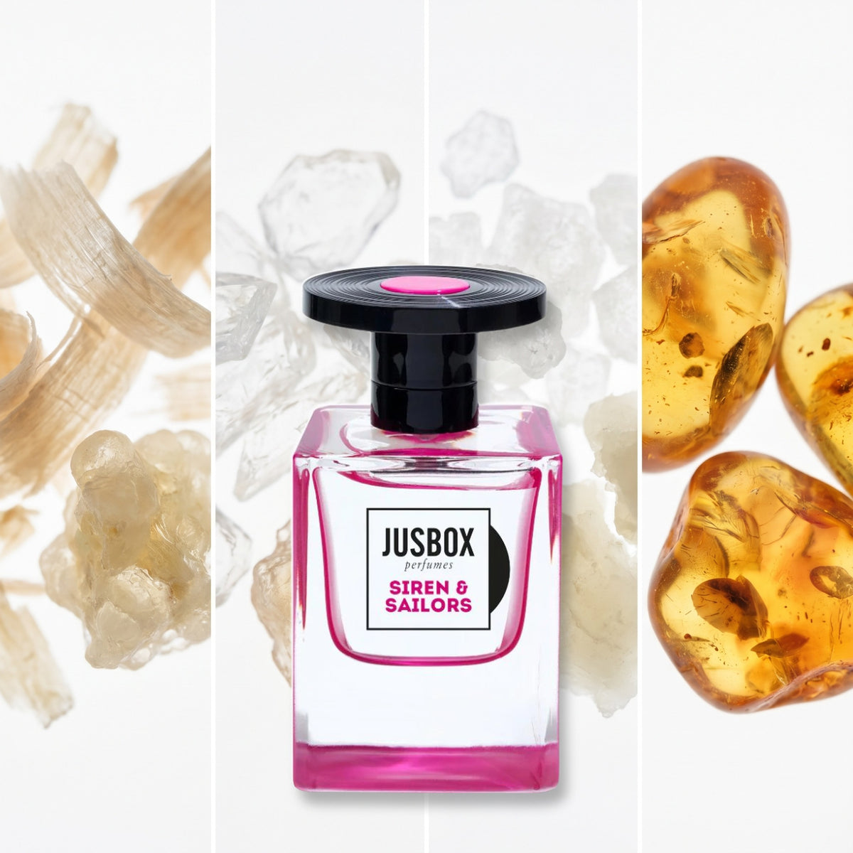 Jusbox Siren & Sailors fragrance notes: Iso E Super, Ambrocenide., Ambroxan, Amber.