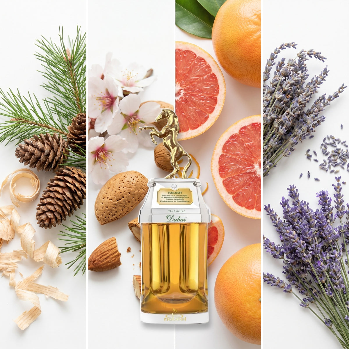 The Spirit of Dubai Abjar fragrance notes: Fresh Woody (Pine), Bitter Almond, Grapefruit, Lavender