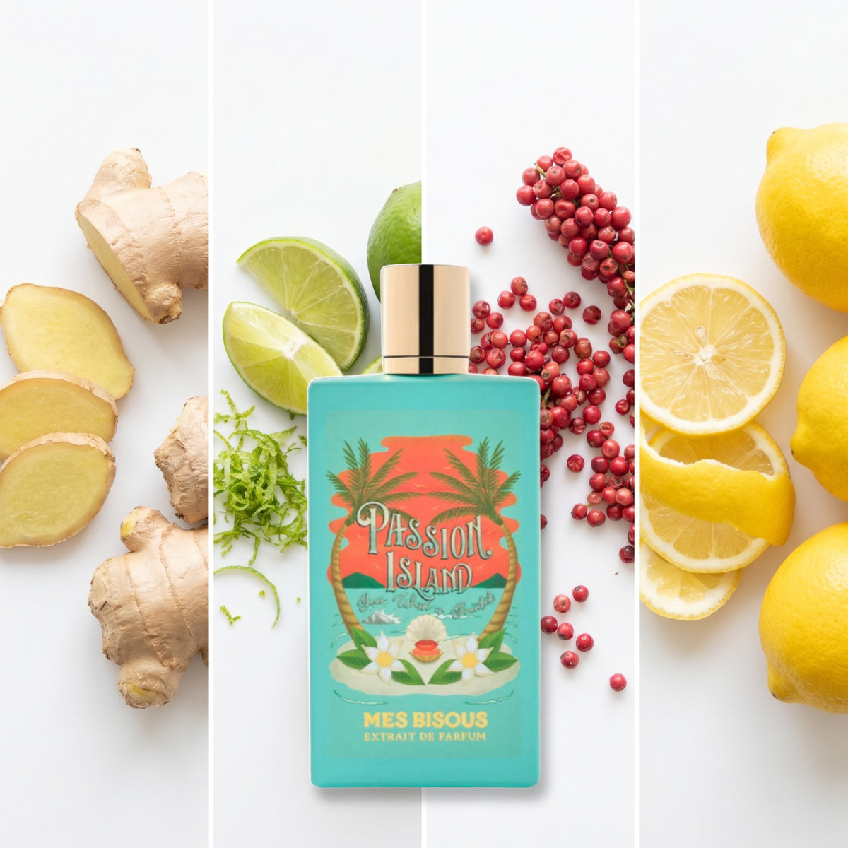 Mes Bisous Passion Island fragrance notes: Ginger, Lime, Pink Pepper, Lemon