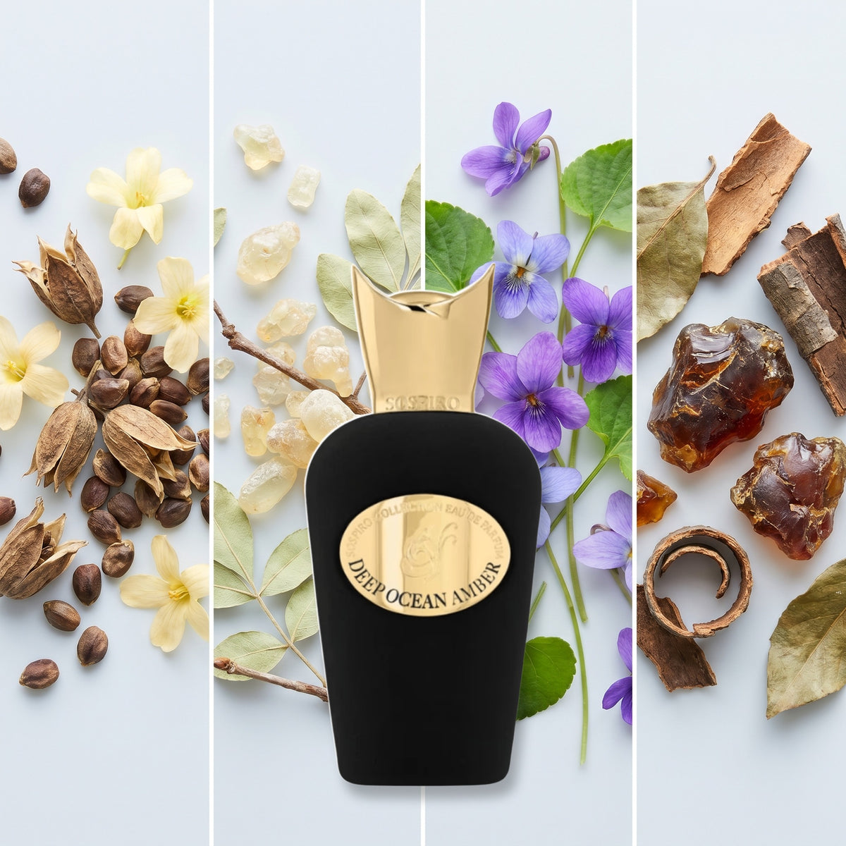 Sospiro Deep Ocean Amber fragrance notes: Ambrette, Elemi, Violet, Styrax