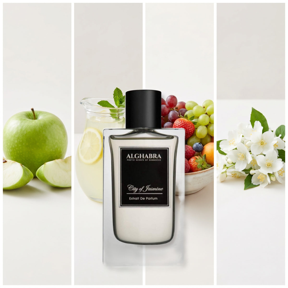 Alghabra Parfums City of Jasmine fragrance notes: Apple, Lemonade, Fresh Fruits, Jasmine