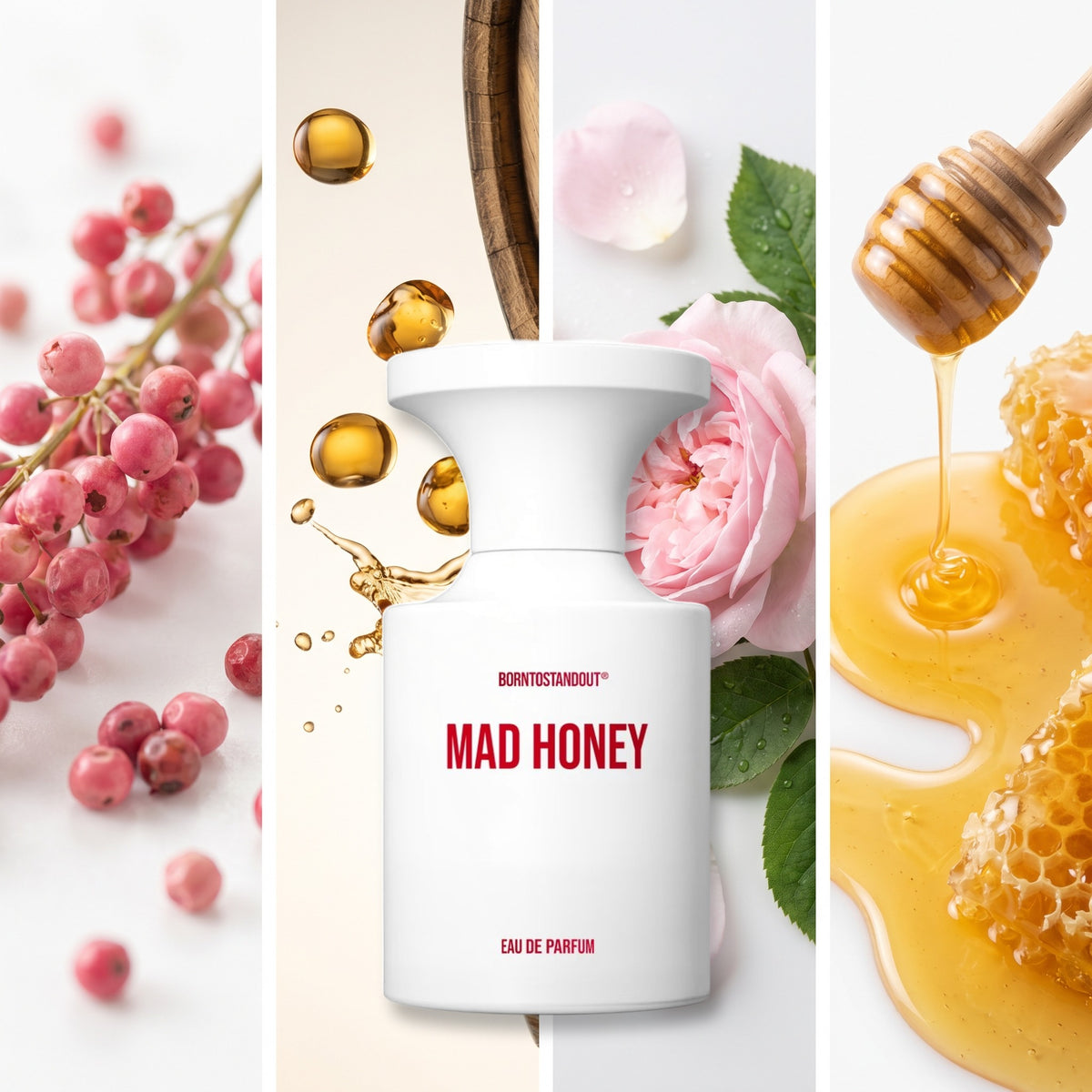 BornToStandOut Mad Honey fragrance notes: Pink Pepper, Rum, Damask Rose, Honey