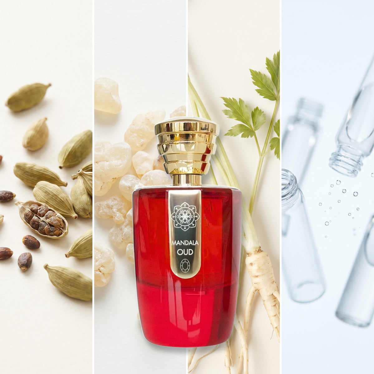Masque Milano Mandala Oud fragrance notes: Cardamom, Frankincense, Angelica, Aldehydes
