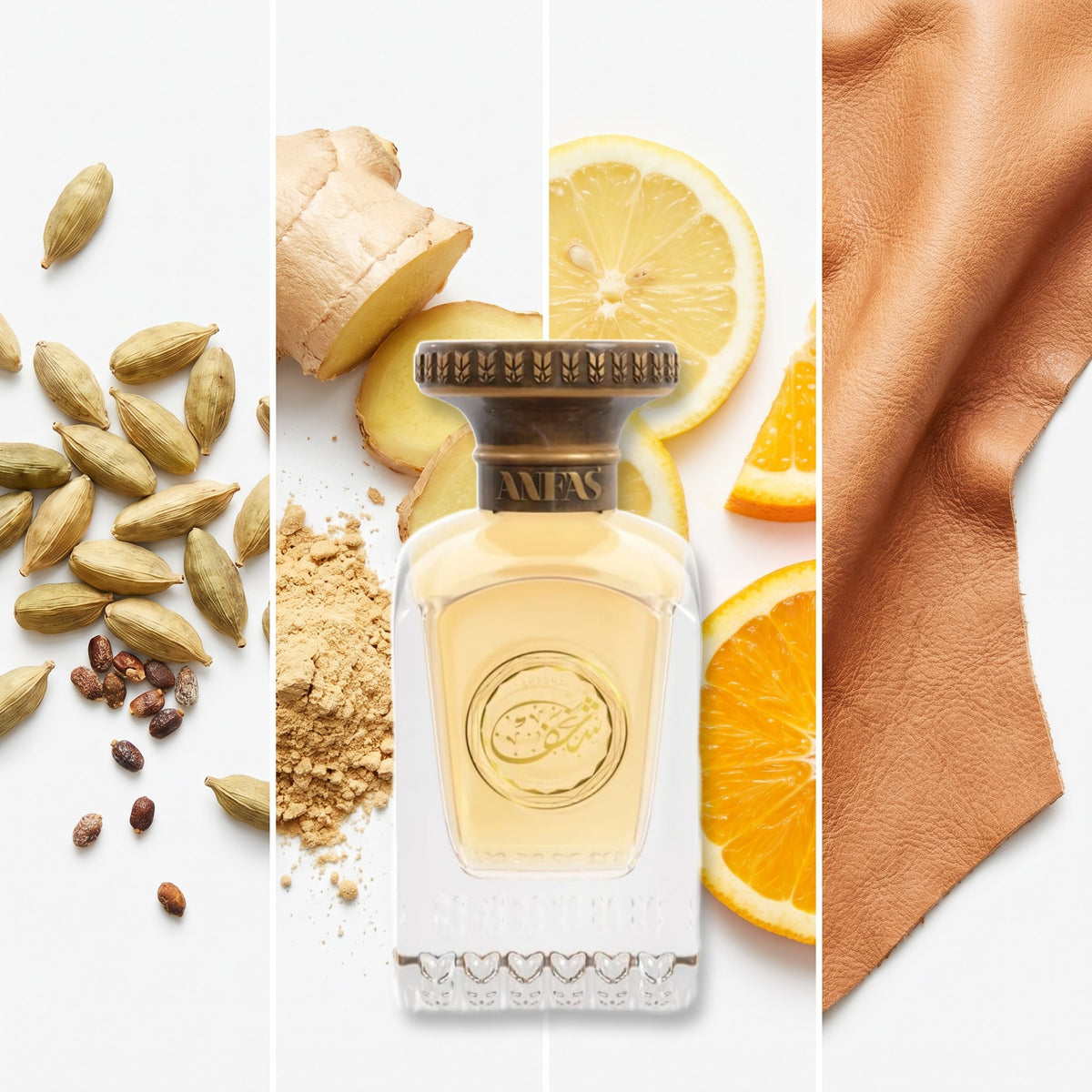 Anfas Shaghaf fragrance notes: Cardamon, Ginger, Citrus Notes, Leather