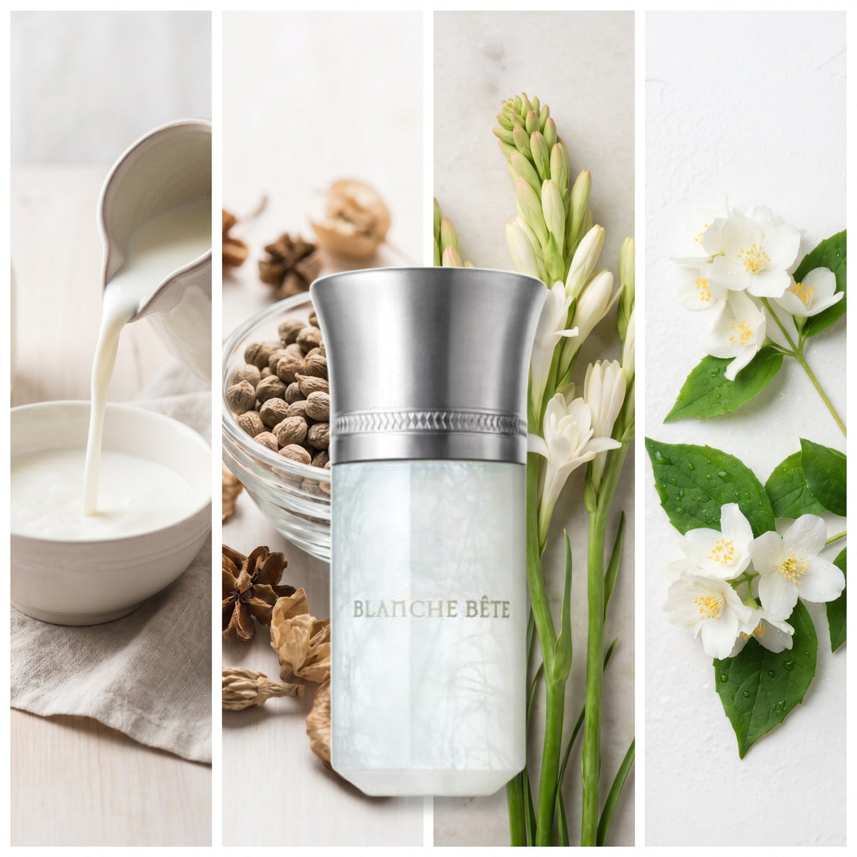 Liquides Imaginaires Blanche Bete fragrance notes: Milk, Ambrette, Tuberose, Jasmine