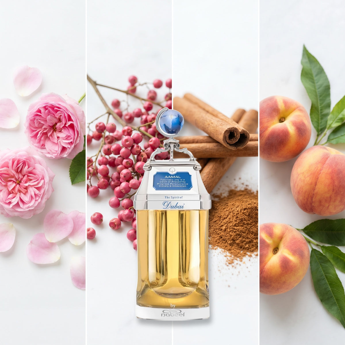 The Spirit of Dubai Aamal fragrance notes: Damask Rose, Pink Pepper, Cinnamon, Peach