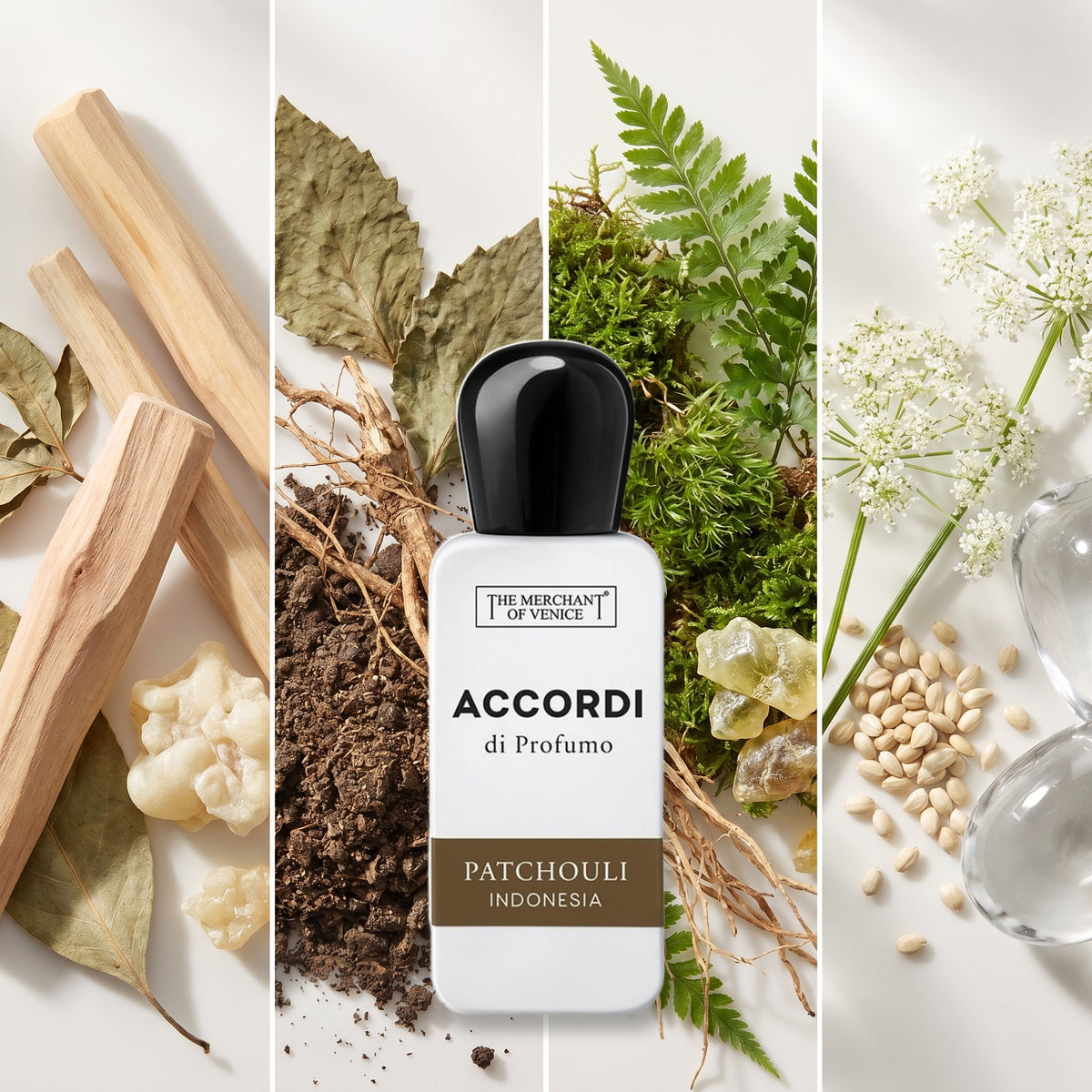 The Merchant of Venice Patchouli Indonesia fragrance notes: velvety woody fragrance, expressing all the depth, mystery of patchouli, enhanced by green