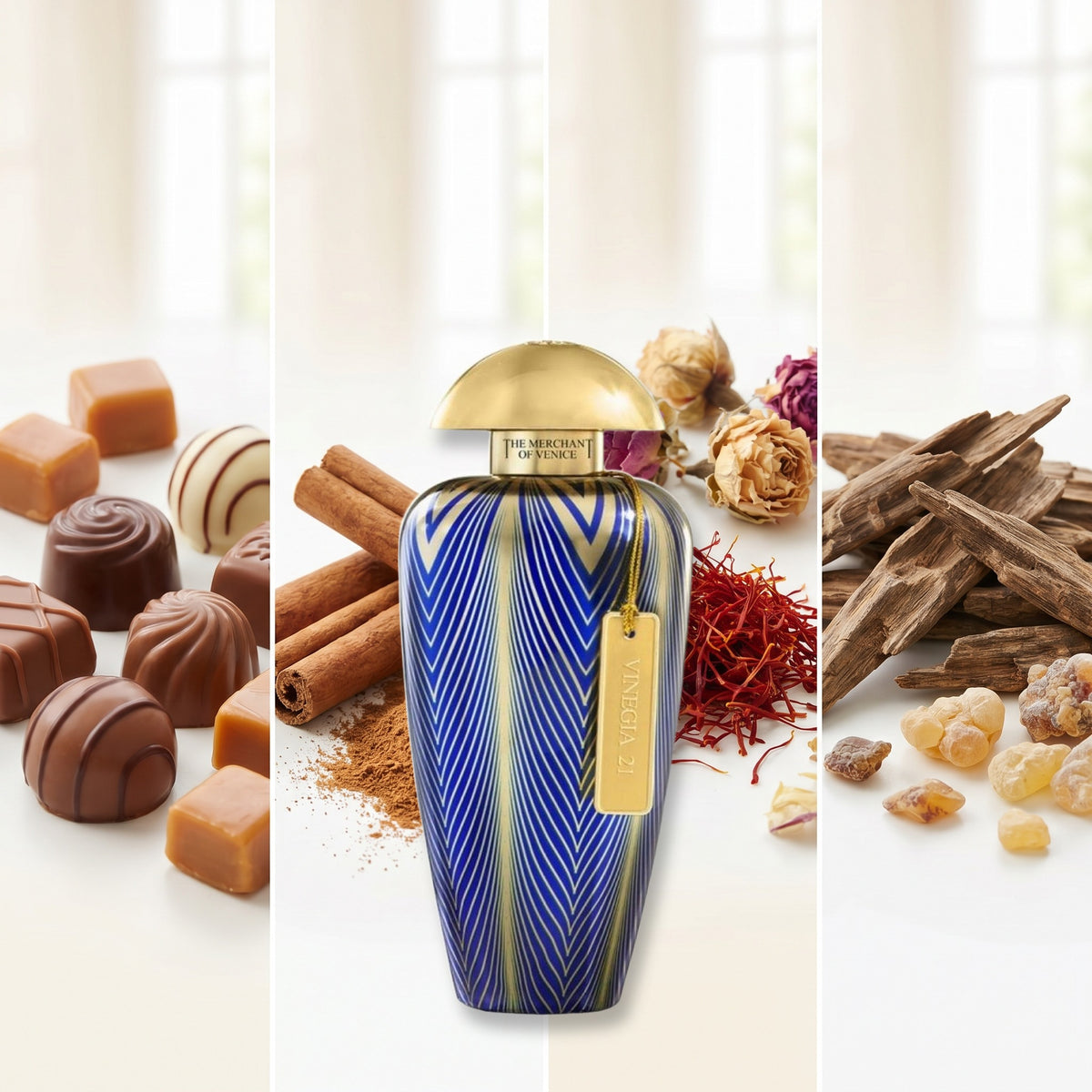 The Merchant of Venice Vinegia 21 fragrance notes: Praline, Cinnamon, Saffron., Agarwood (Oud)