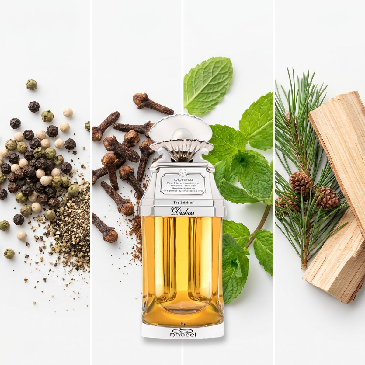 The Spirit of Dubai Durra fragrance notes: Pepper, Clove, Mint, Fresh Woody (Pine)