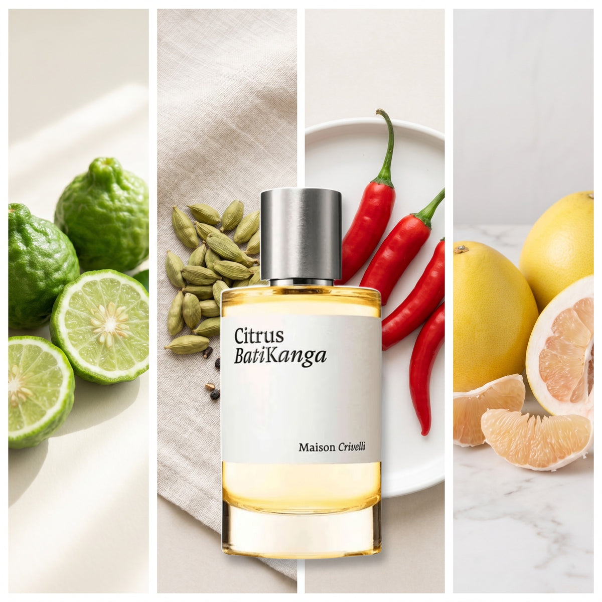 Maison Crivelli Citrus Batikanga fragrance notes: Bergamot, Cardamom, Chili Pepper, Pomelo