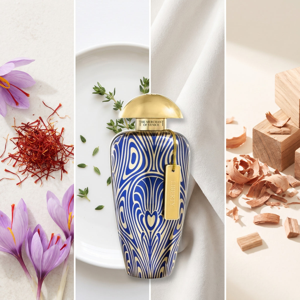 The Merchant of Venice Liberty fragrance notes: Saffron, Thyme., White Suede, Cedar