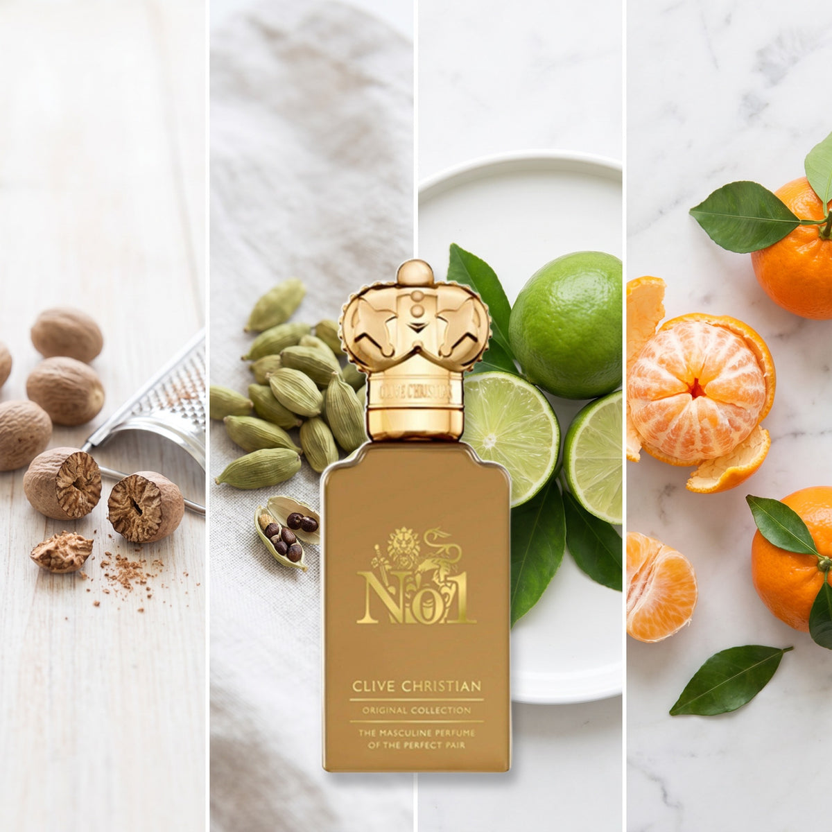 Clive Christian No 1 Masculine fragrance notes: Nutmeg, Cardamom, Lime, Mandarin Orange