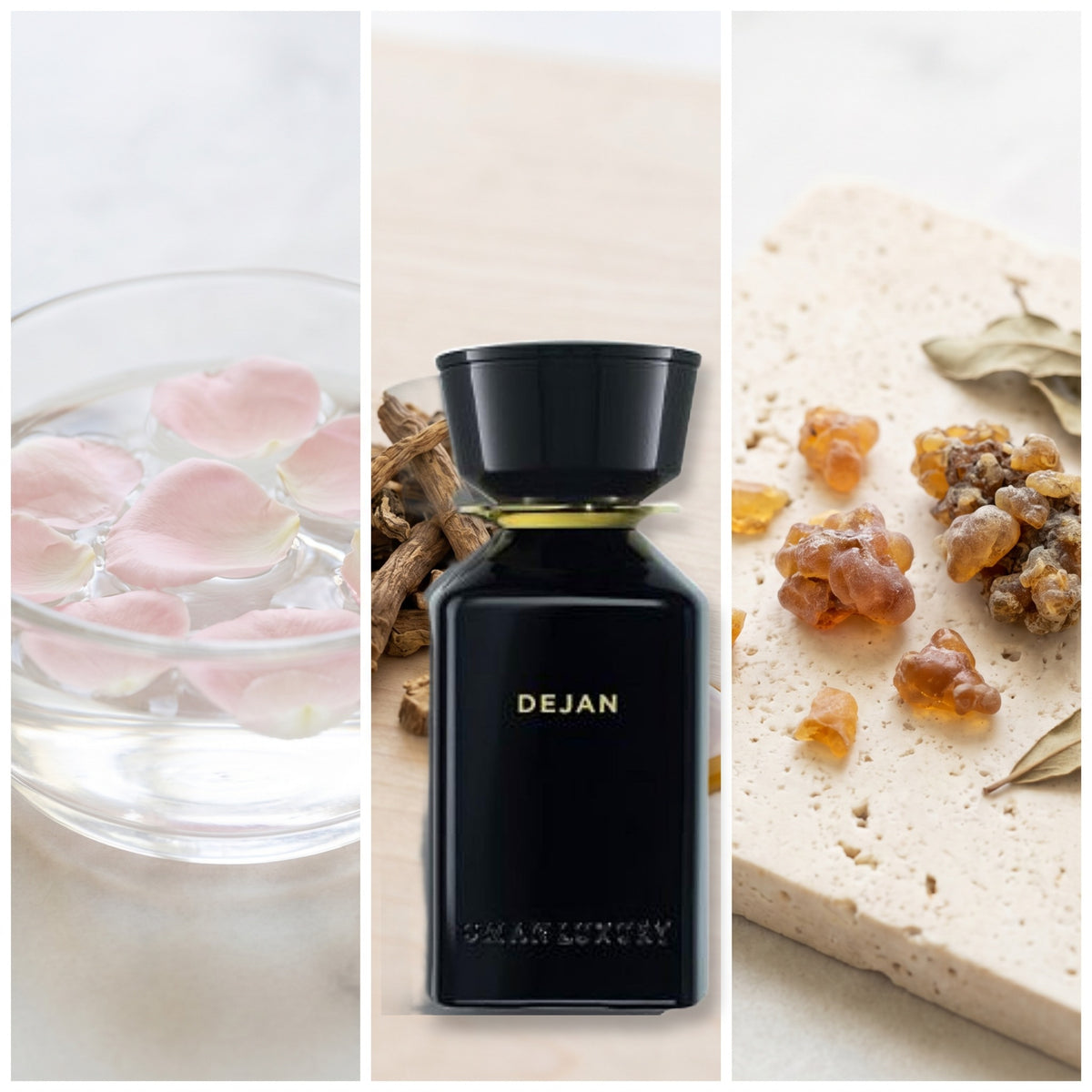 Omanluxury Dejan fragrance notes: Rose Water., Cypriol Oil or Nagarmotha, Labdanum.