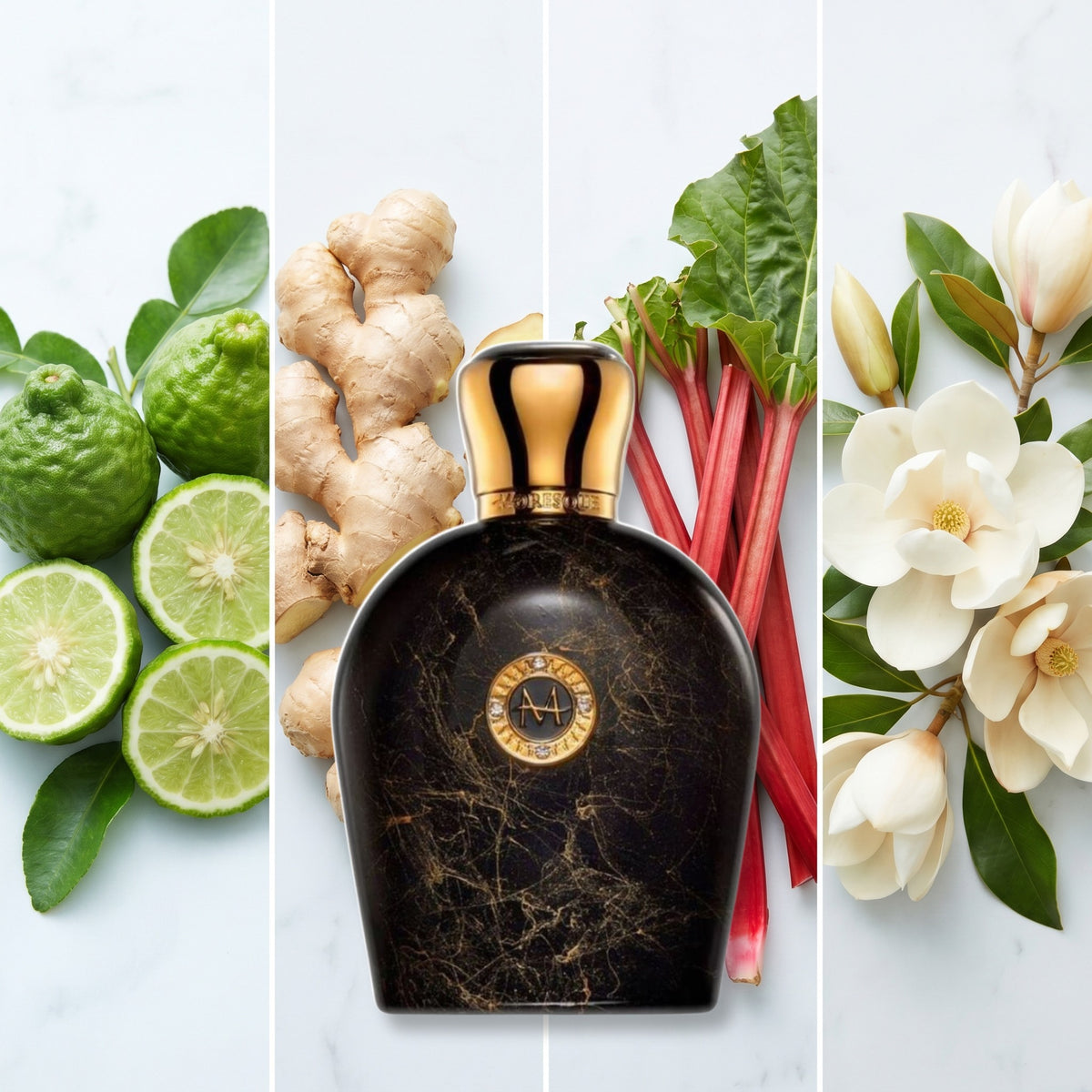 Moresque Parfums Midnight London fragrance notes: Bergamot, Ginger, Rhubarb, Magnolia