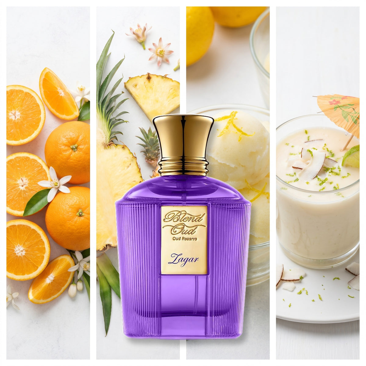 Blend Oud Zagar fragrance notes: Sweet Orange, Pineapple Flower, Yuzu Sorbet, Batida de Coco