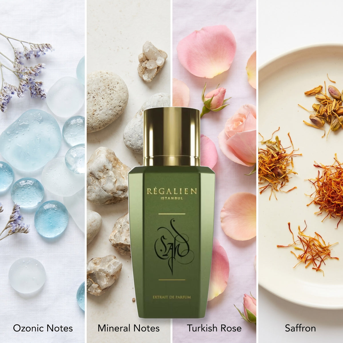 Regalien Sah fragrance notes: Ozonic Notes, Mineral Notes, Turkish Rose, Saffron