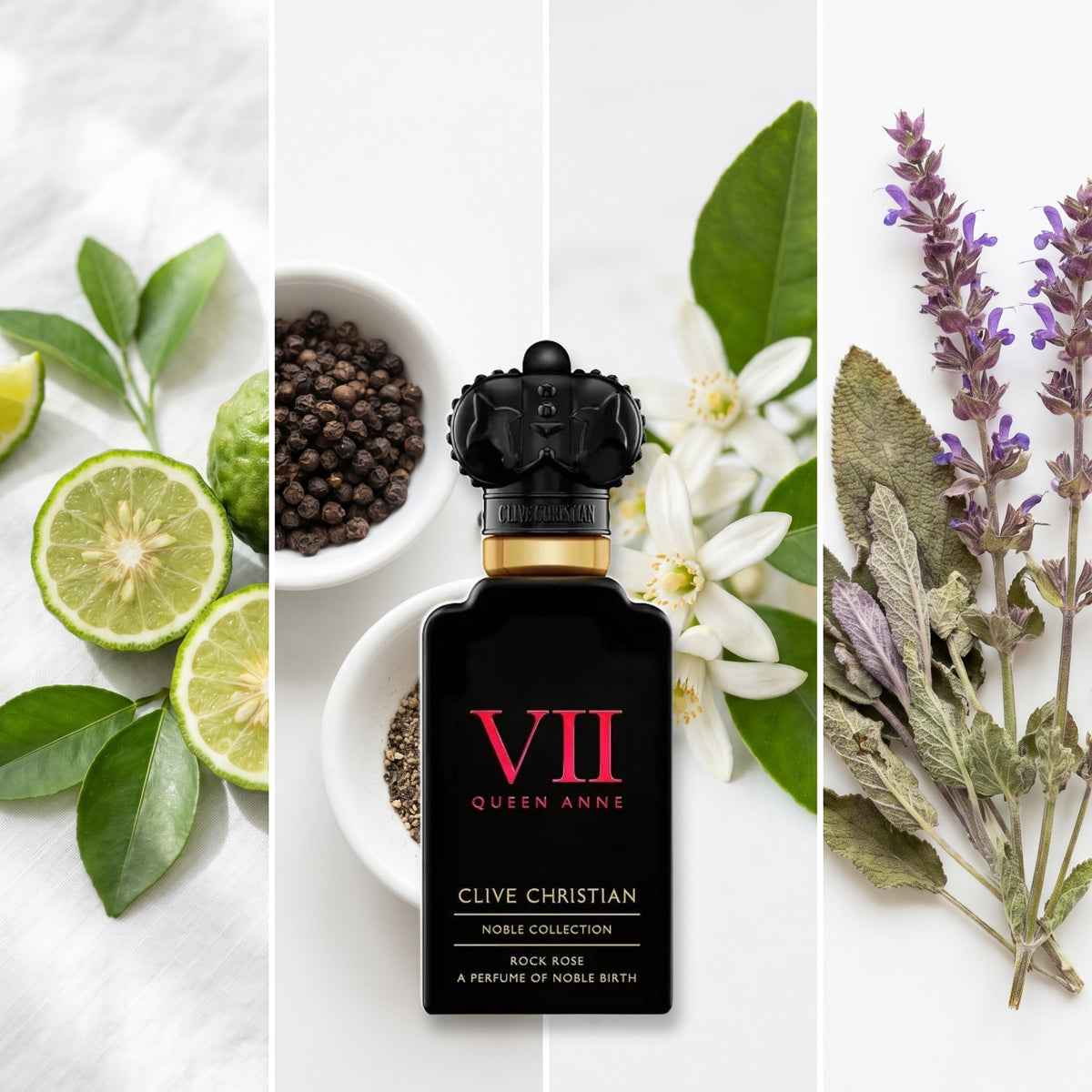 Clive Christian Rock Rose fragrance notes: Bergamot, Black Pepper, Neroli, Clary Sage