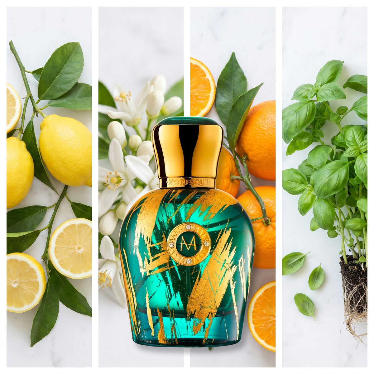 Moresque Parfums Fiore Di Portofino fragrance notes: Lemon from Portofino, Neroli, Orange from Sicily, Italian Basil