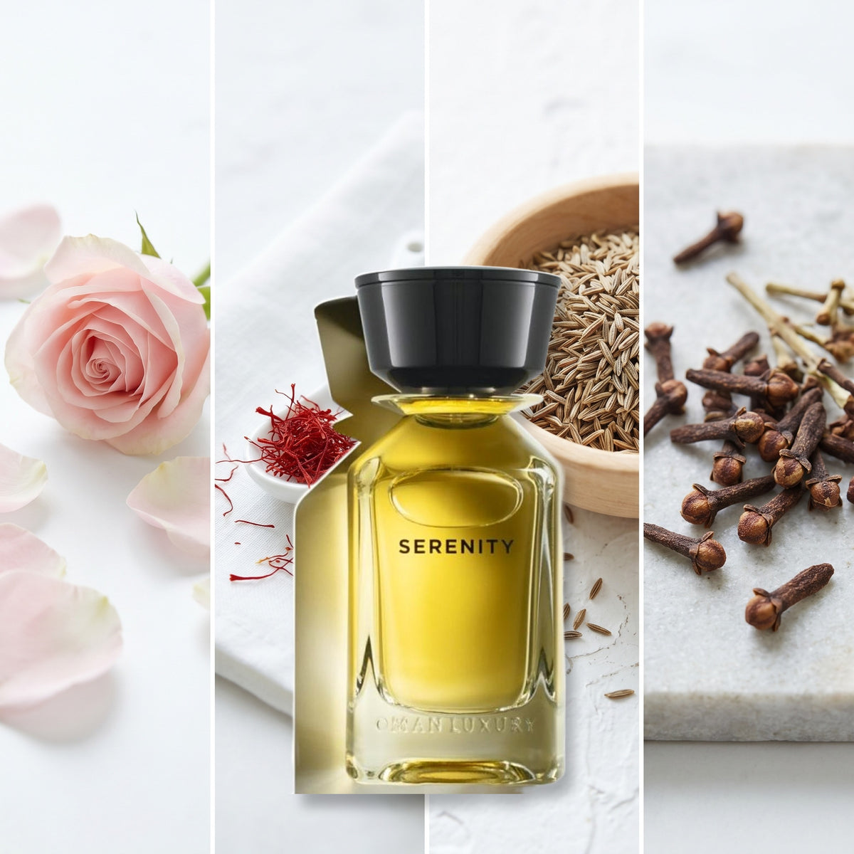 Omanluxury Serenity fragrance notes: Rose, Saffron., Cumin, Clove