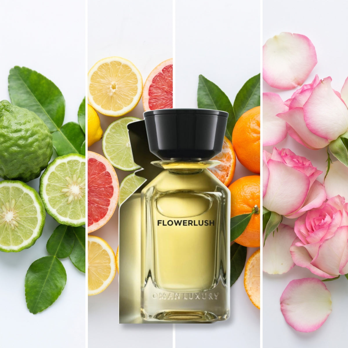 Omanluxury Flowerlush fragrance notes: Bergamot, Citruses, Mandarin Orange., Rose