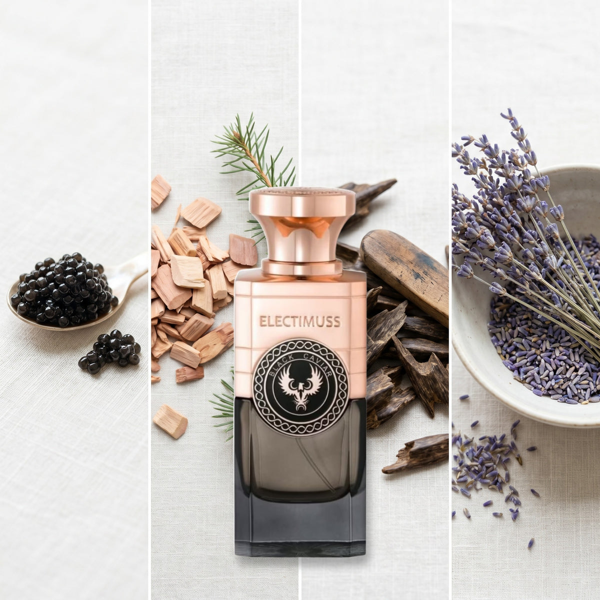 Electimuss Black Caviar fragrance notes: Caviar, Cedar, Agarwood (Oud)., Lavender