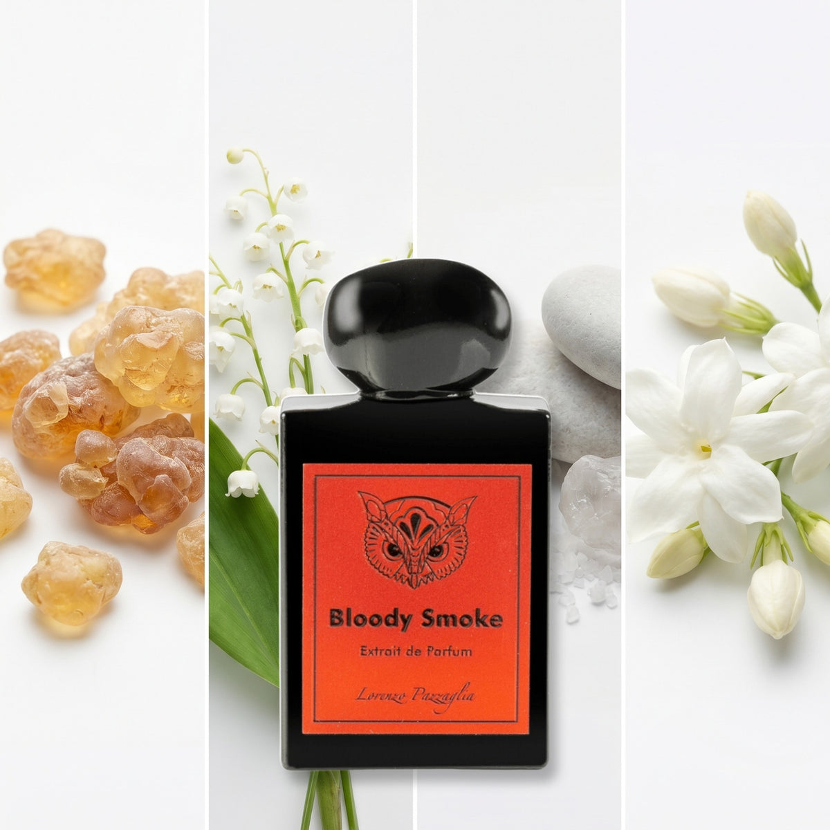 Lorenzo Pazzaglia Bloody Smoke fragrance notes: Elemi Resin, Lily Of The Valley, Mineral Notes, Jasmine
