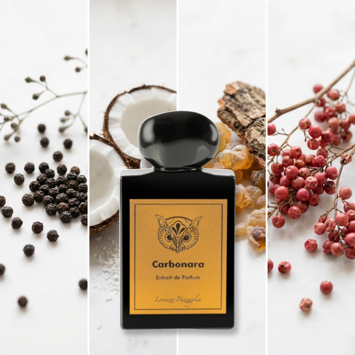 Lorenzo Pazzaglia Carbonara fragrance notes: Black Pepper, Coconut, Elemi Resin, Pink Pepper