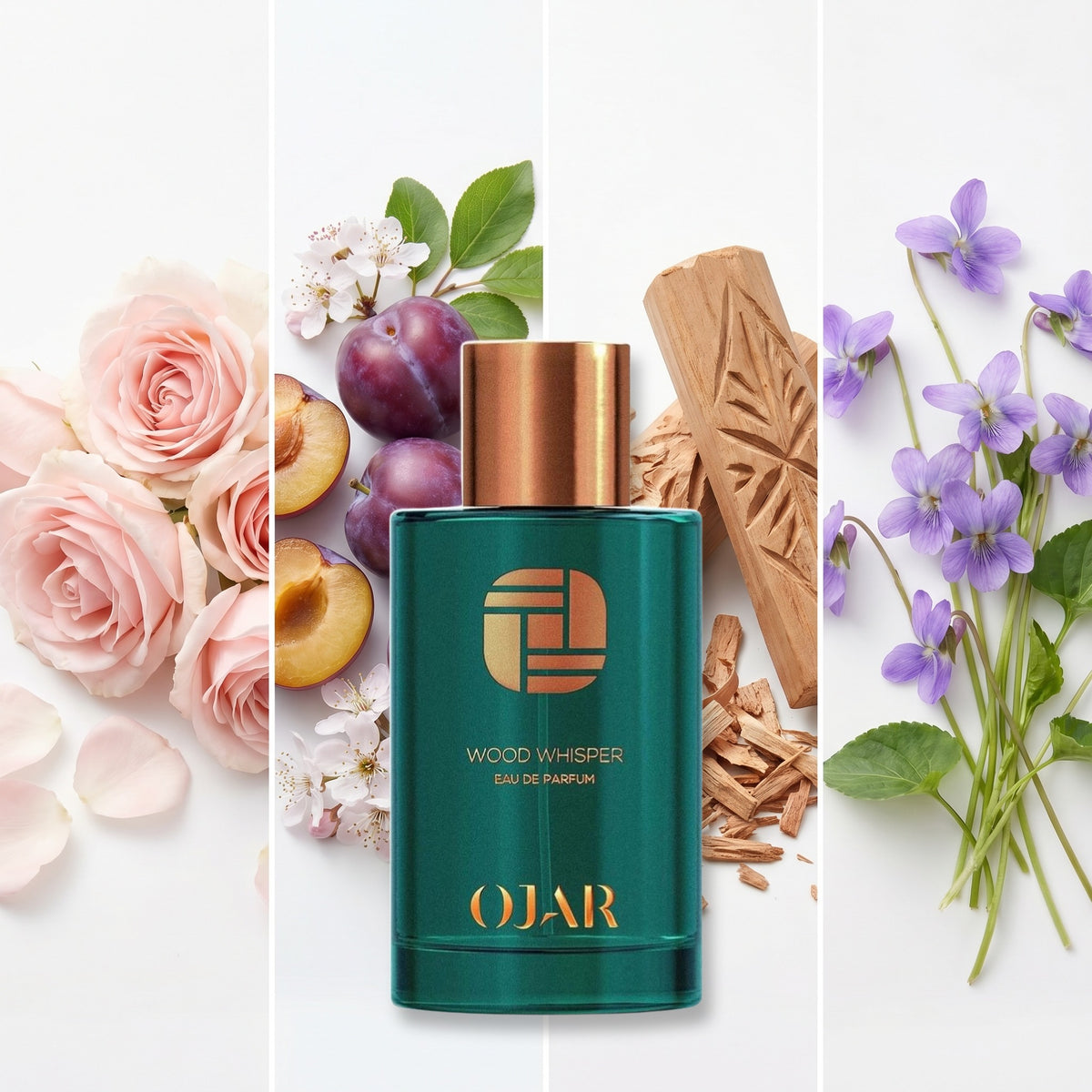Ojar Wood Whisper fragrance notes: Rose, Plum, Sandalwood, Violet