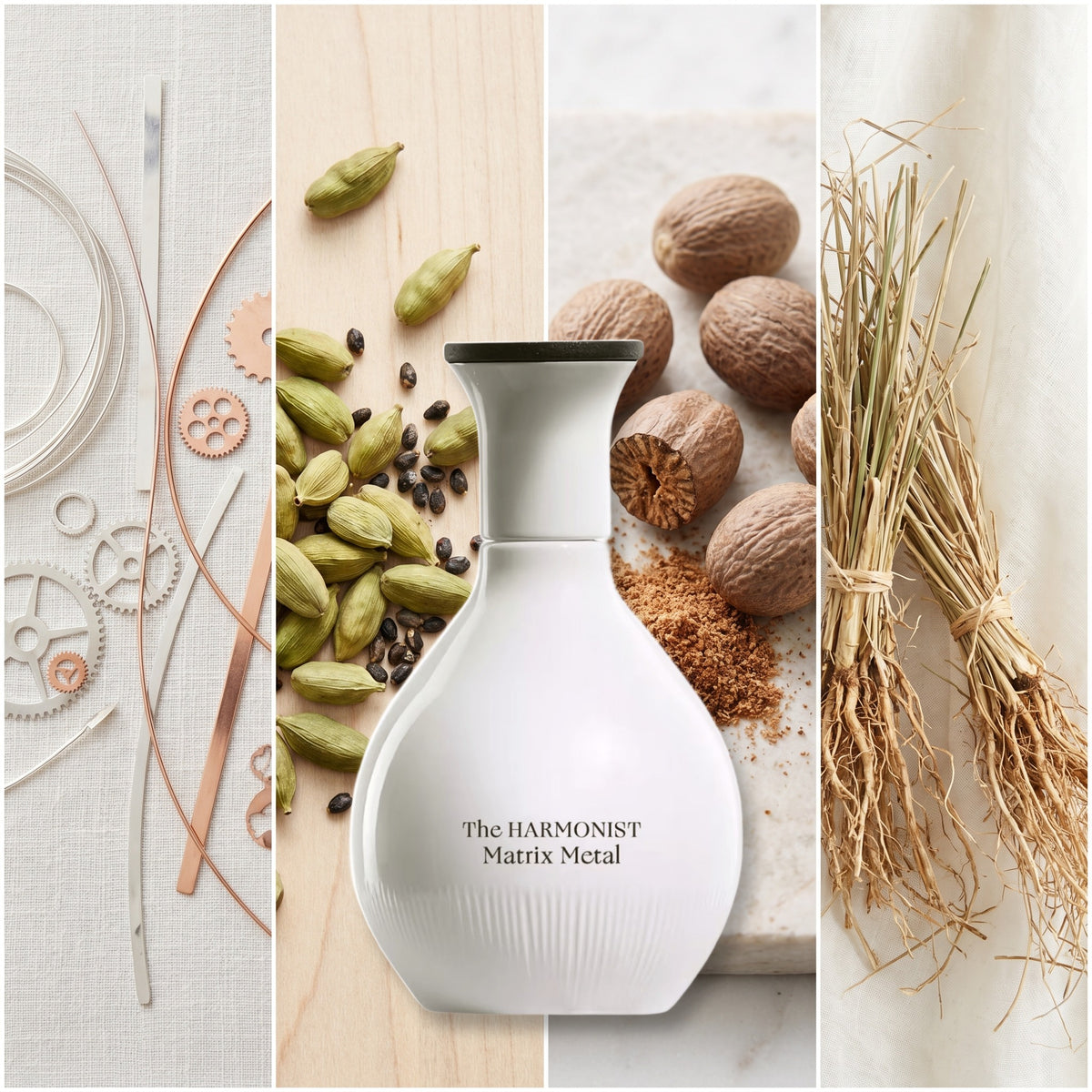 The Harmonist Matrix Metal fragrance notes: Metallic Notes, Cardamom, Nutmeg, Vetiver