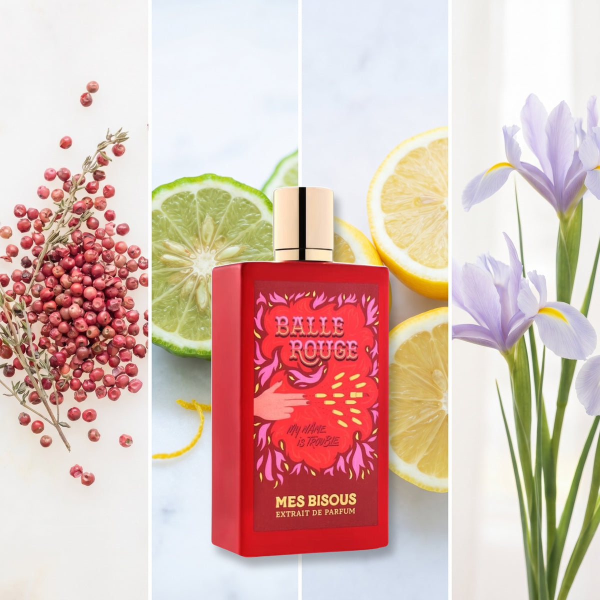 Mes Bisous Balle Rouge fragrance notes: Pink Pepper, Bergamot, Lemon, Iris