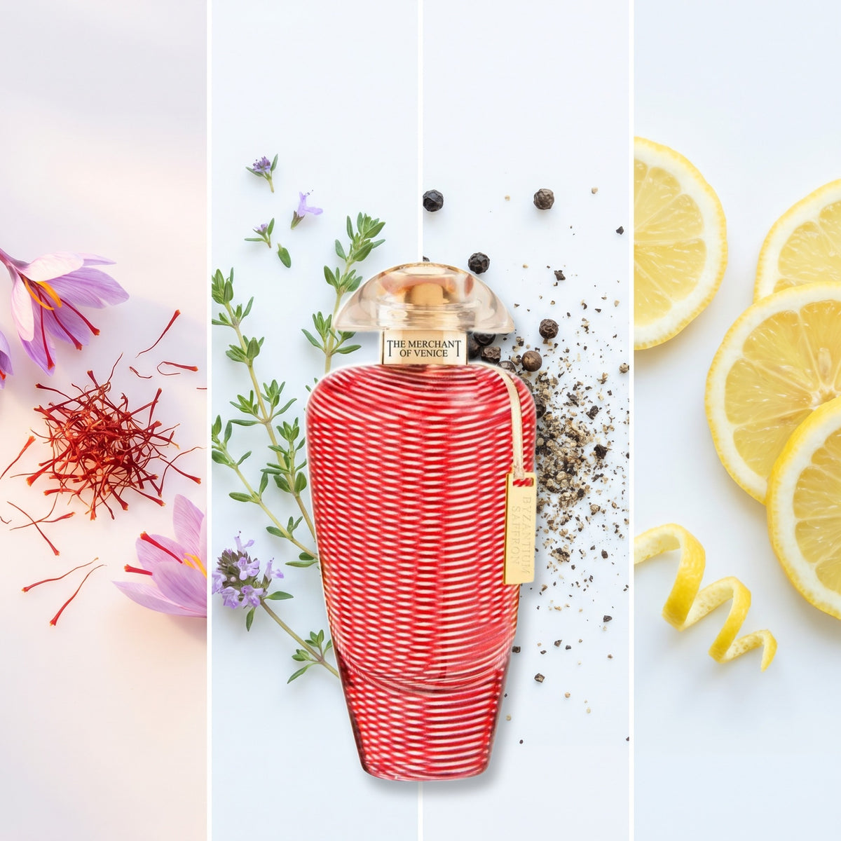 The Merchant of Venice Byzantium Saffron fragrance notes: Saffron, Thyme, Black Pepper, Lemon.