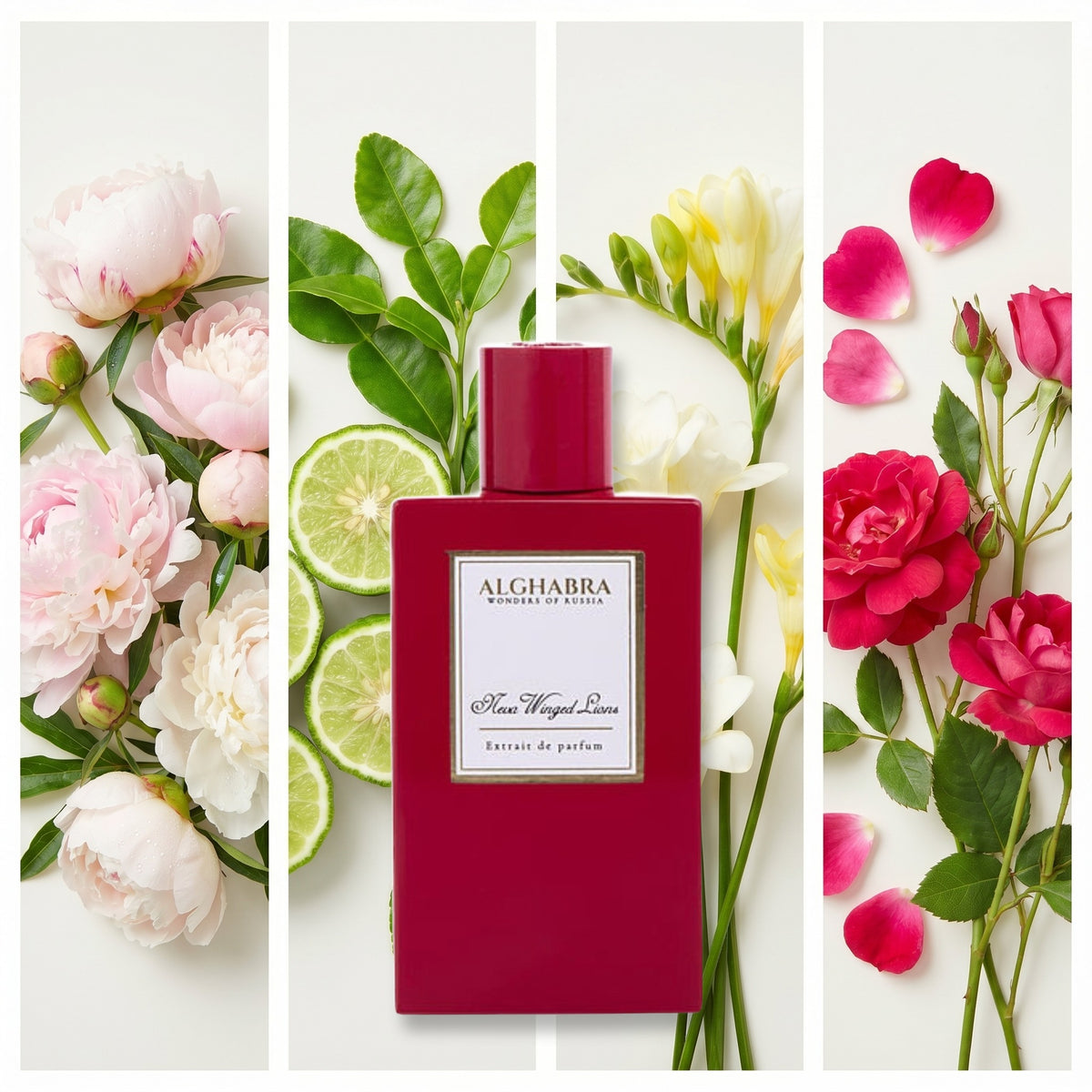 Alghabra Parfums Neva Winged Lions fragrance notes: Peony, Bergamot, Freesia, Turkish Rose