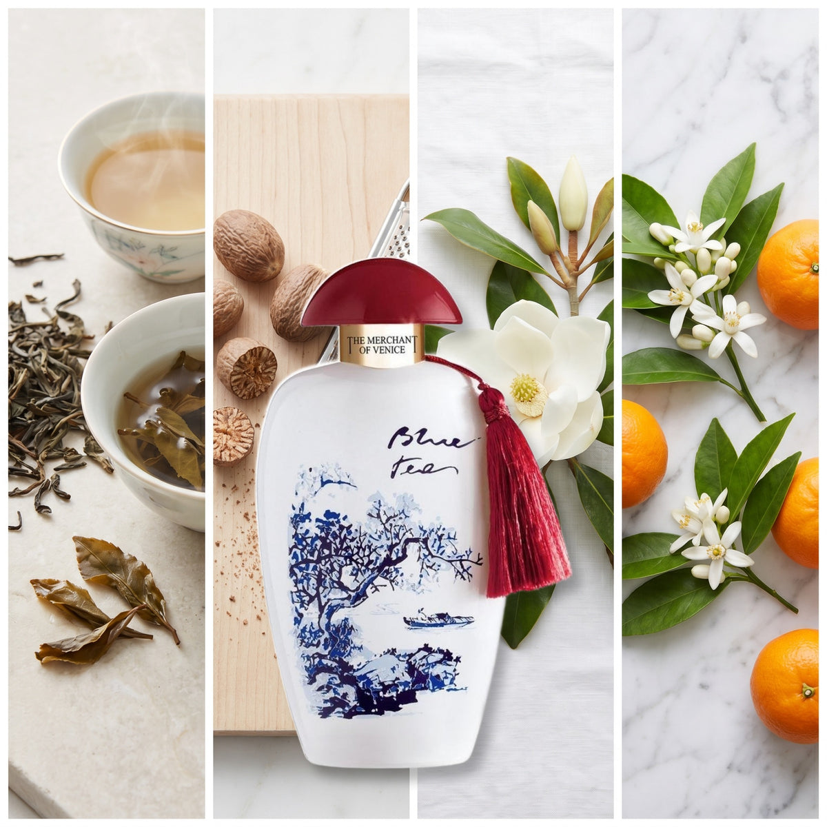 The Merchant of Venice Blue Tea fragrance notes: Tea, Nutmeg., Magnolia, Neroli