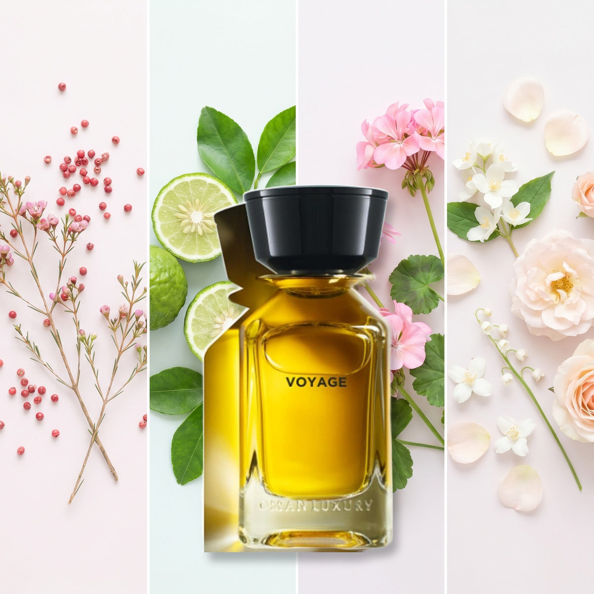 Omanluxury Voyage fragrance notes: pink pepper, bergamot, geranium, floral notes